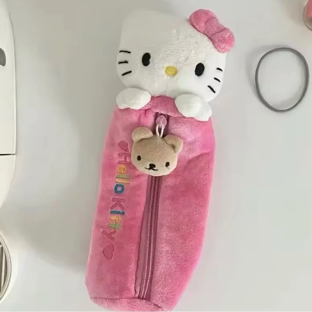 Hello Kitty Plush Pencil Case – Pink Soft Zipper Pouch with Bear Charm